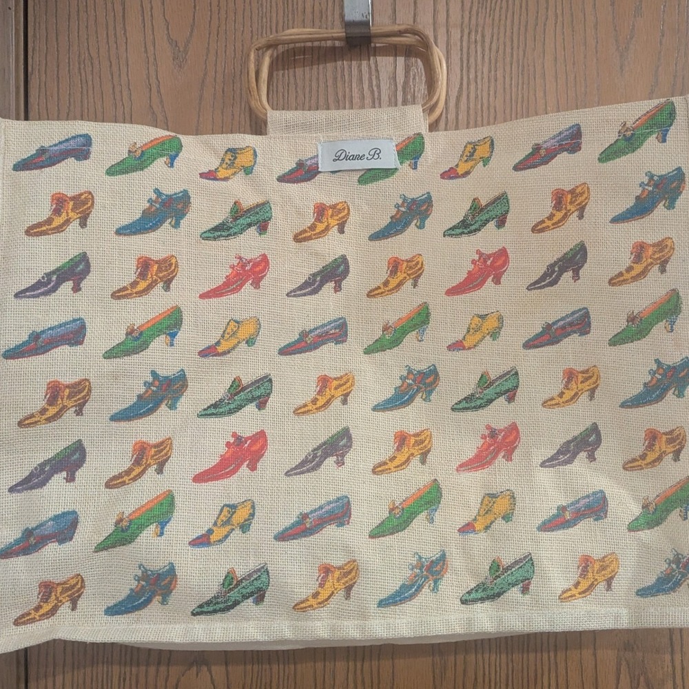 Diane B. VTG Shoe Lover Burlap Tote Bag Wooden Handles Retro Painted Shopping
